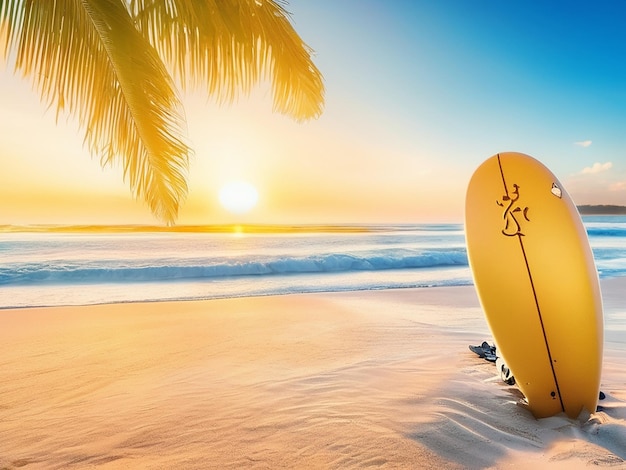 Surf board on sandy tropical beach extreme sport surfing on resort with sun down