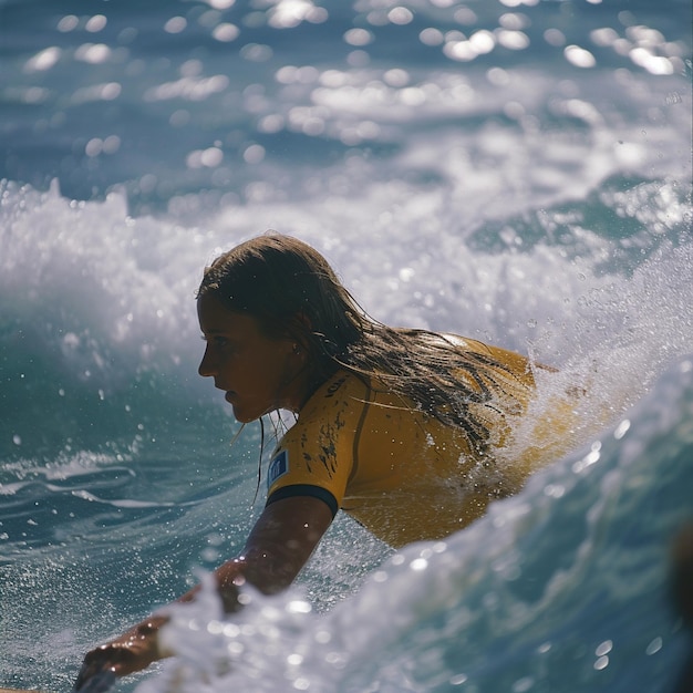 A surf boarder is riding a wave in front of the sun