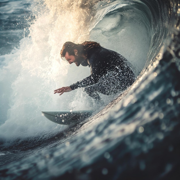 A surf boarder is riding a wave in front of the sun