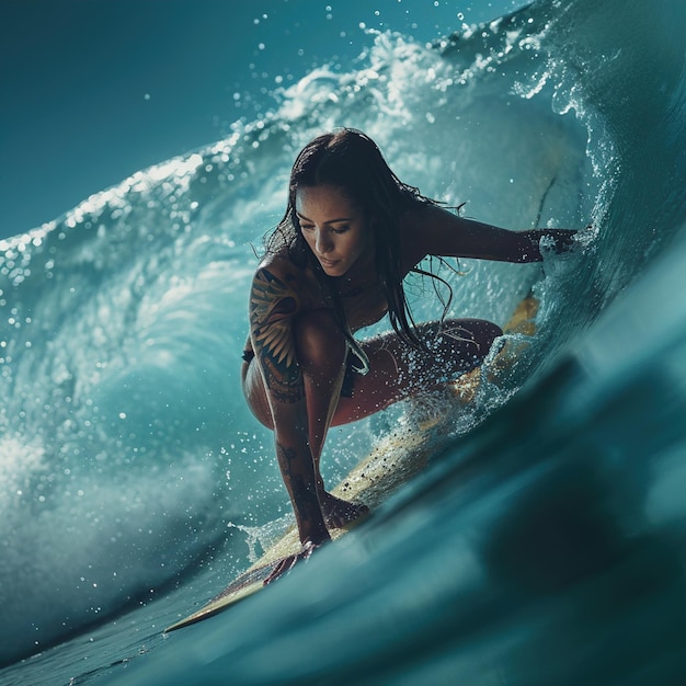 A surf boarder is riding a wave in front of the sun