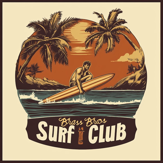 Photo surf club vintage poster with surfer and palm trees vector illustration