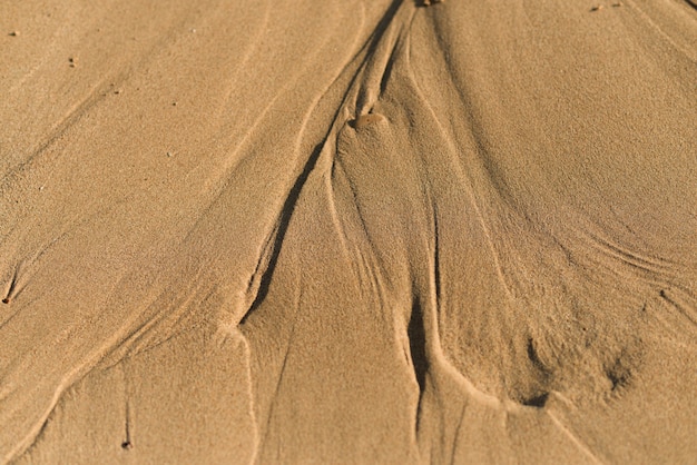 The surface of the sand. The striations from the water on the beach. The view from the top. Beige textured background.