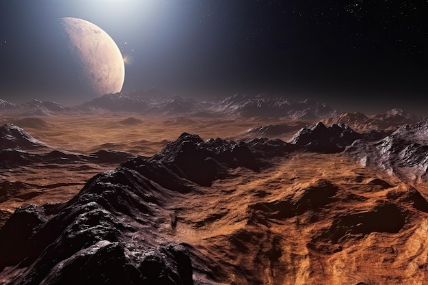 Surface of unknown planet with craters and mountains Generative AI