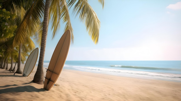 A surfboard is on a beach with palm trees in the background.