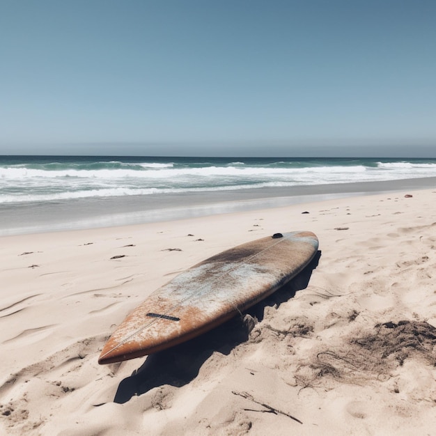 A surfboard is on the sand at the beach.