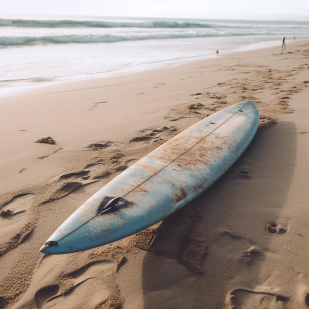 A surfboard is on the sand with the word surf on it.