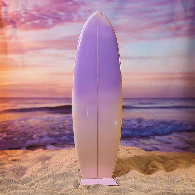 A surfboard is standing on the beach at sunset