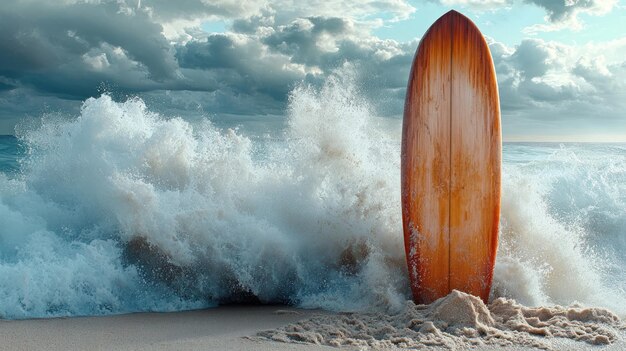 Photo surfboard standing amidst crashing ocean waves on a sandy beach