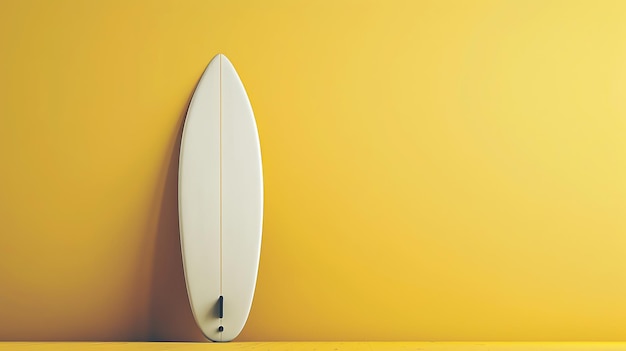 A surfboard stands propped against a yellow wall in a room with a wooden floor The surfboard is white and has a single fin