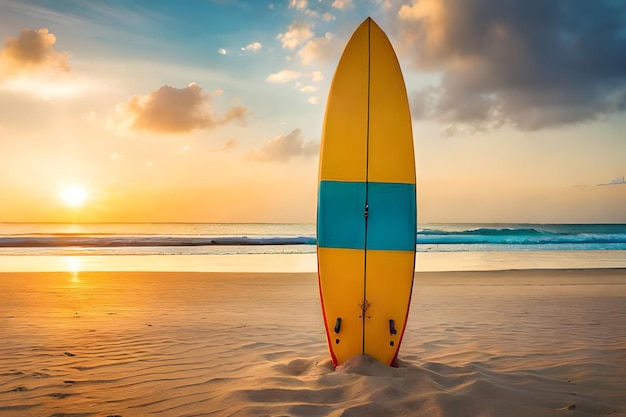 A surfboard stands in the sand at sunset.