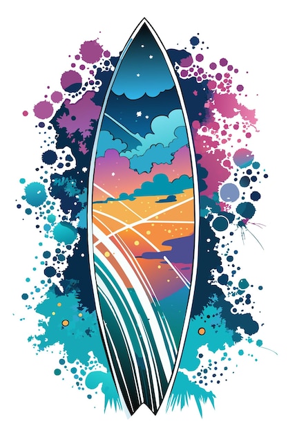 Photo a surfboard stands vertically with a vibrant design featuring a beach sunset and ocean waves