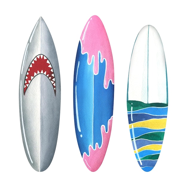 Surfboards are multicolored gray pink blue striped Watercolor illustration Isolated objects on a white background from the SURFING collection For decoration and design compositions