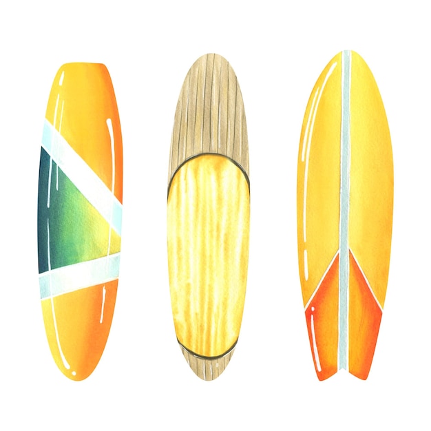 Surfboards are multicolored yellow orange wooden texture Watercolor illustration Isolated objects on a white background from the SURFING collection For decoration and design compositions