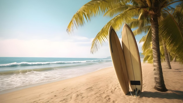 Surfboards on a beach with a palm tree in the background