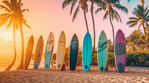 Surfboards lined up on a beach at sunset