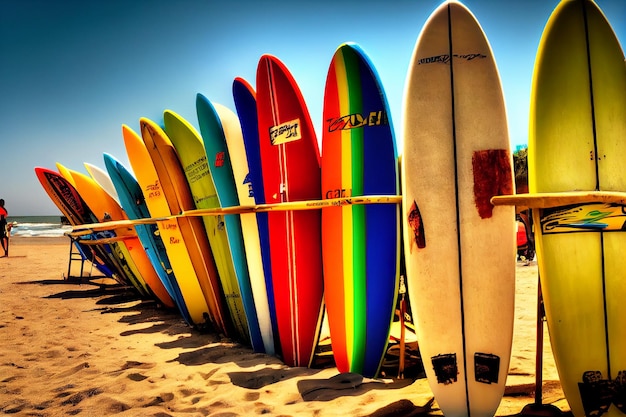 Surfboards lined up in the rack at famous beach Surf spot rental service Surfers wave catchers place