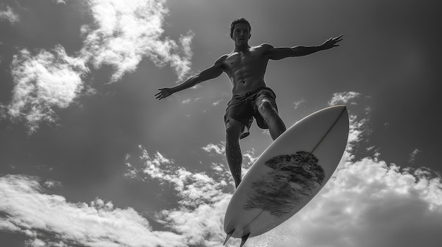 Photo surfer balancing skillfully on the nose of the board