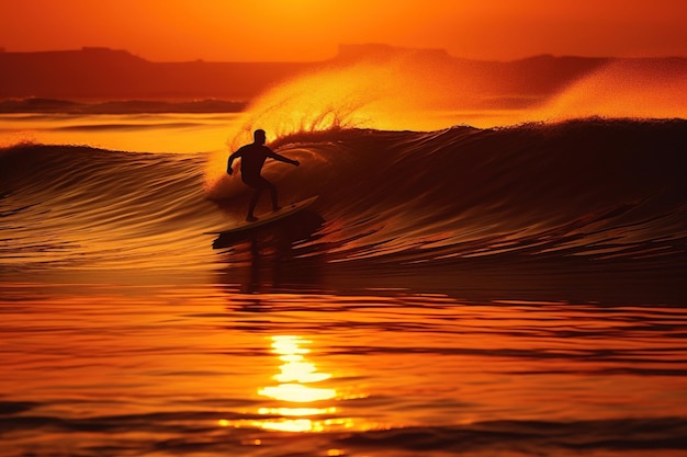 A surfer catching an early morning wave with sunrise colors reflecting on the water surface