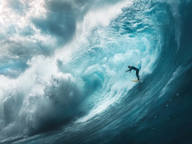 Photo surfer catching a massive wave in the ocean