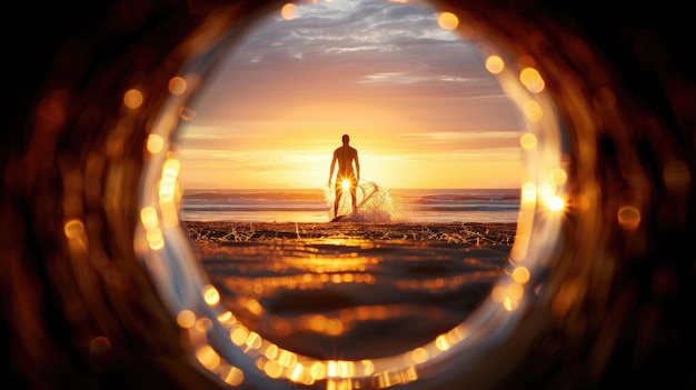 Photo surfer emerging from the ocean at sunset through a circular opening on the beach