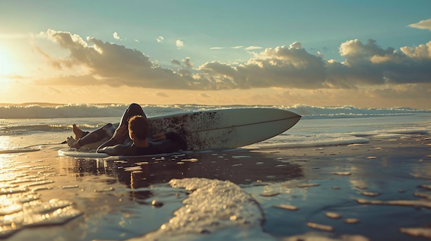 a surfer is laying on the beach and the ocean is in the background