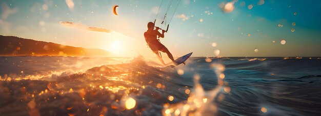 Photo a surfer is parasailing on the water at sunset