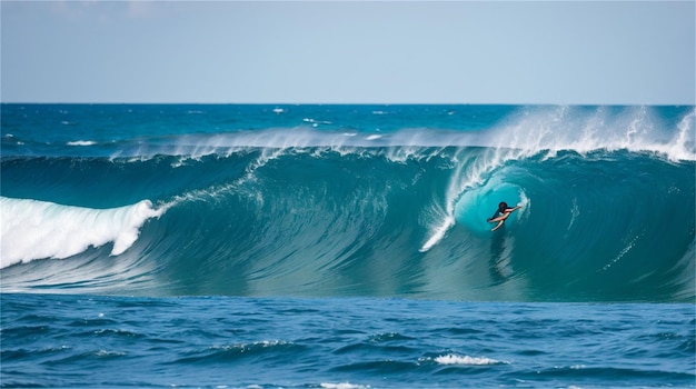 A surfer is riding a wave in front of a large wave.