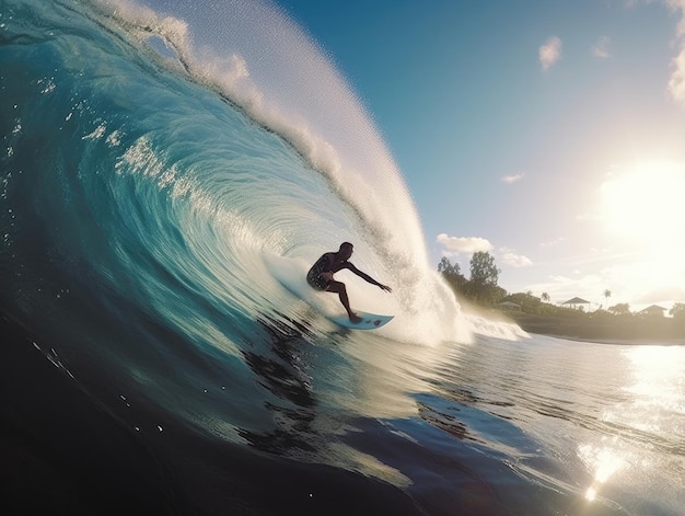 A surfer is riding a wave on a sunny day.