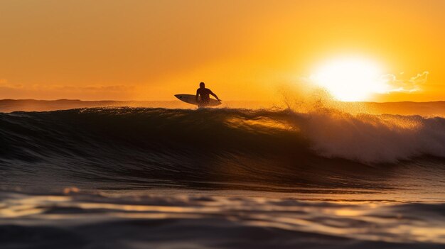 A surfer is riding a wave at sunset.