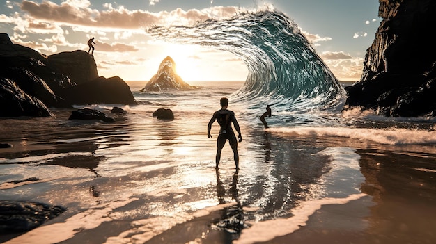 a surfer is in the water with a wave in the background