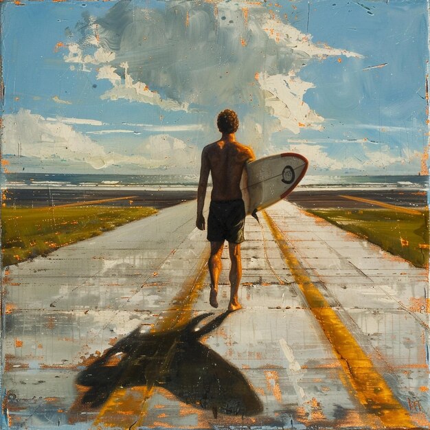 Surfer navigates airport runway blending adventure with urban landscapes