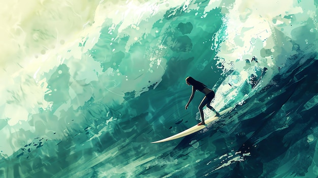 Surfer rides a big wave The painting is made in a realistic style with vibrant colors