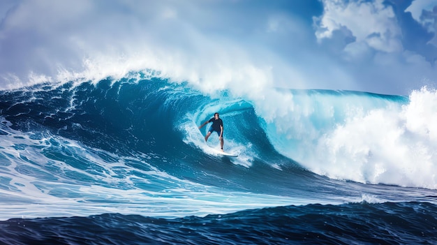 A surfer rides a large wave with bright blue water and a sunny sky