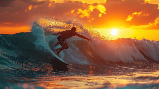 Surfer rides ocean wave in tropics