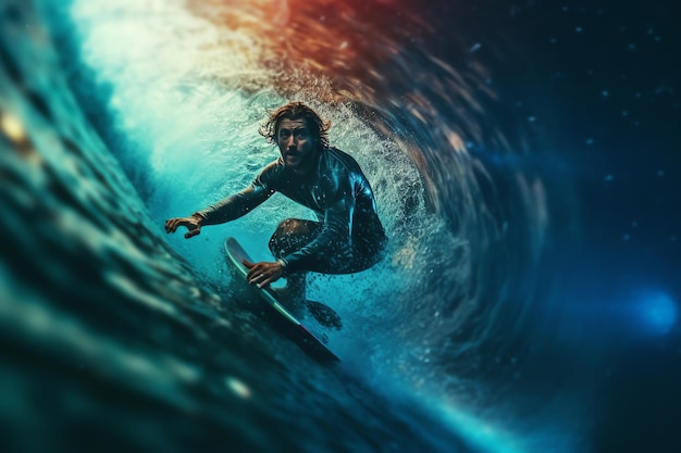 A surfer rides a wave in a blue and orange background.