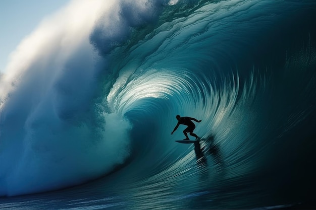 A surfer rides a wave in the ocean.