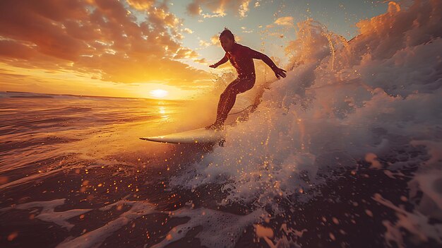 Photo a surfer rides a wave at sunset catching the last rays of the golden hour