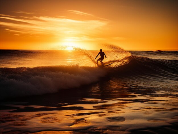 A surfer rides a wave at sunset with the sun setting behind him.