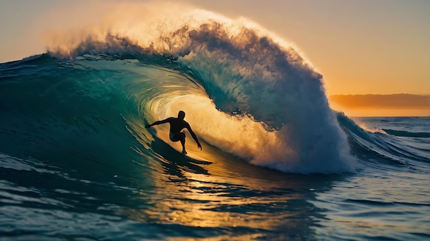 Photo a surfer rides a wave at sunset