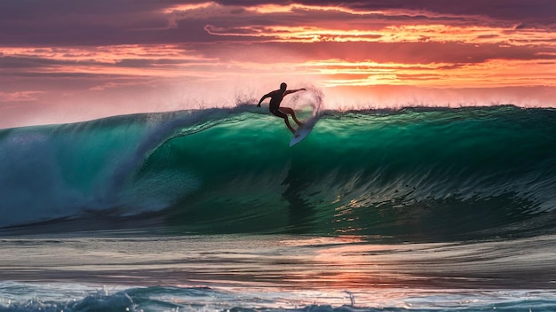 Photo a surfer rides a wave at sunset