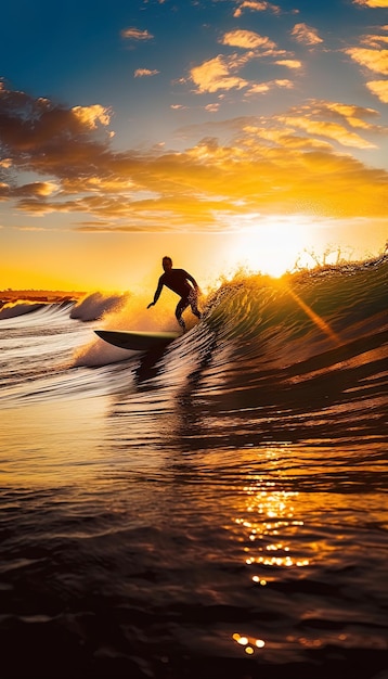 a surfer rides a wave at sunset.