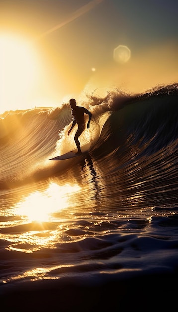 a surfer rides a wave at sunset.