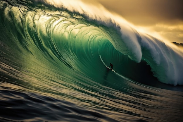 A surfer rides a wave with a sunset behind him