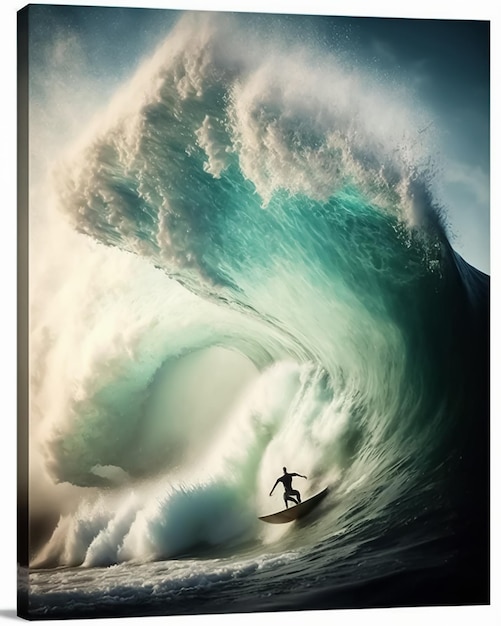 Surfer rides waves in ocean with colorful clouds at sunset