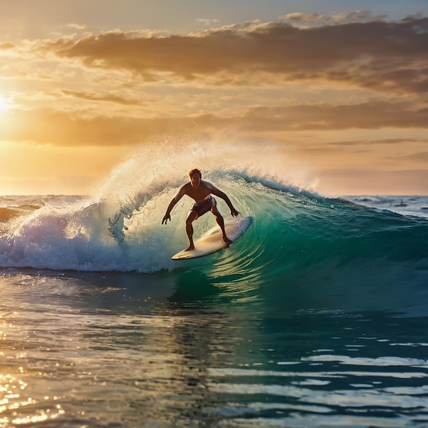 Photo surfer riding on big waves on the indian ocean island of mauritius