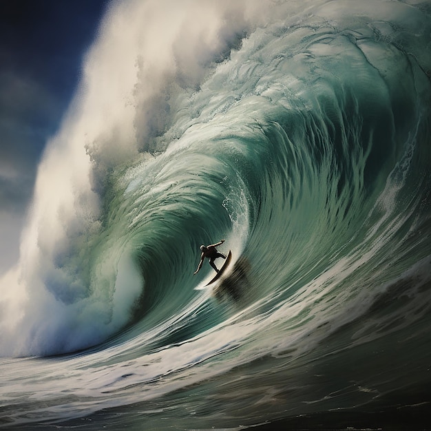 A surfer riding a huge wave