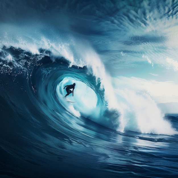 A surfer riding a large wave captured from a low angle to emphasize the waves height In surfing s