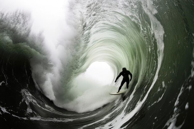 A Surfer Riding a Massive Wave Inside a Barrel