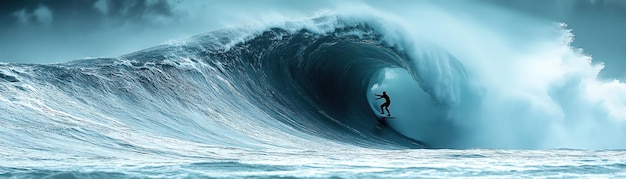 Photo surfer riding a massive wave ocean spray around him