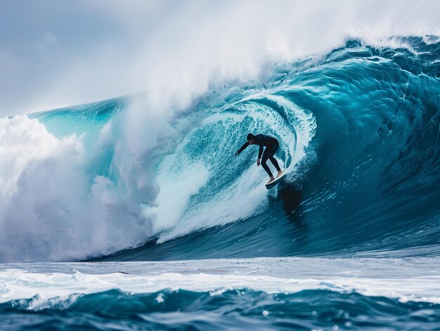 Photo surfer riding a massive wave at sunset along the coastline